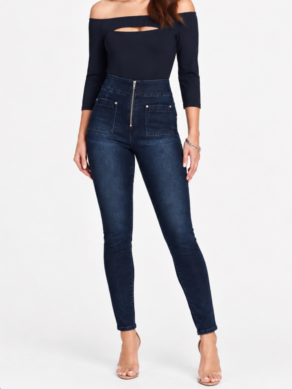 Bebe High Waist Zip Front Skinny Leg Jeans
